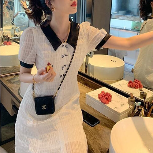 White Splicing Dresses For Women Bow Folds Elegant Tender Lady Classy Casual Lovely Puff Sleeve Stylish Ulzzang Chic Streetwear