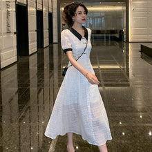 Load image into Gallery viewer, White Splicing Dresses For Women Bow Folds Elegant Tender Lady Classy Casual Lovely Puff Sleeve Stylish Ulzzang Chic Streetwear