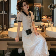 Load image into Gallery viewer, White Splicing Dresses For Women Bow Folds Elegant Tender Lady Classy Casual Lovely Puff Sleeve Stylish Ulzzang Chic Streetwear