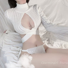 Load image into Gallery viewer, White Turtleneck Sweater Open Chest Bandage Sexy Underwear Uniform Temptation Kawaii Lingerie Virgin Killer Knitted Pullovers