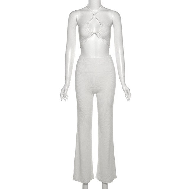 White Two Piece Set Flared Trousers Suits Women Sexy Halter Backless Crop top and Pantsuit High Waist Pants Sets Summer Outfits