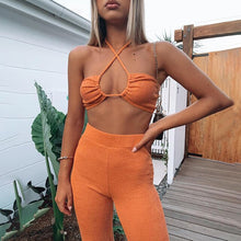 Load image into Gallery viewer, White Two Piece Set Flared Trousers Suits Women Sexy Halter Backless Crop top and Pantsuit High Waist Pants Sets Summer Outfits