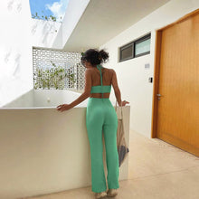 Load image into Gallery viewer, White Two Piece Set Flared Trousers Suits Women Sexy Halter Backless Crop top and Pantsuit High Waist Pants Sets Summer Outfits