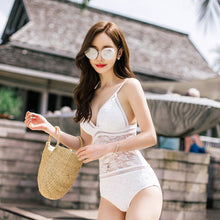 Load image into Gallery viewer, White black lace girls one piece swimsuit monokini one piece swimsuit