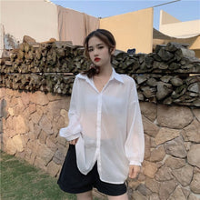 Load image into Gallery viewer, Wholesale 2021 Women Holiday Transparent Boyfriend Shirts Blue Pink Apricot Sunscreen Shirt Summer Vacation Tunic Long Blouses