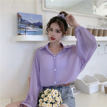Load image into Gallery viewer, Wholesale 2021 Women Holiday Transparent Boyfriend Shirts Blue Pink Apricot Sunscreen Shirt Summer Vacation Tunic Long Blouses