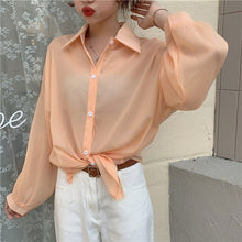 Load image into Gallery viewer, Wholesale 2021 Women Holiday Transparent Boyfriend Shirts Blue Pink Apricot Sunscreen Shirt Summer Vacation Tunic Long Blouses