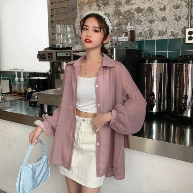 Wholesale 2021 Women Holiday Transparent Boyfriend Shirts Blue Pink Apricot Sunscreen Shirt Summer Vacation Tunic Long Blouses