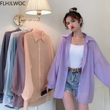 Load image into Gallery viewer, Wholesale 2021 Women Holiday Transparent Boyfriend Shirts Blue Pink Apricot Sunscreen Shirt Summer Vacation Tunic Long Blouses