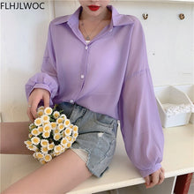 Load image into Gallery viewer, Wholesale 2021 Women Holiday Transparent Boyfriend Shirts Blue Pink Apricot Sunscreen Shirt Summer Vacation Tunic Long Blouses