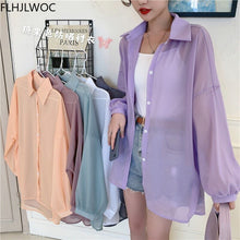 Load image into Gallery viewer, Wholesale 2021 Women Holiday Transparent Boyfriend Shirts Blue Pink Apricot Sunscreen Shirt Summer Vacation Tunic Long Blouses