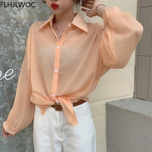 Load image into Gallery viewer, Wholesale 2021 Women Holiday Transparent Boyfriend Shirts Blue Pink Apricot Sunscreen Shirt Summer Vacation Tunic Long Blouses