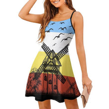 Load image into Gallery viewer, Windmills Women&#39;s Sling Midi Dresses Summer Sleeveless Party Dress Beach Floarl Print Windmill Trees Grass Landscape Birds Sky B