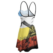 Load image into Gallery viewer, Windmills Women&#39;s Sling Midi Dresses Summer Sleeveless Party Dress Beach Floarl Print Windmill Trees Grass Landscape Birds Sky B