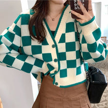 Load image into Gallery viewer, Winter Casual Knitted Cardigan Women Plaid Patchwork Warm Sweater Female Korean Fashion Designer Knitwear Sweater Coat 2021