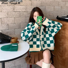 Load image into Gallery viewer, Winter Casual Knitted Cardigan Women Plaid Patchwork Warm Sweater Female Korean Fashion Designer Knitwear Sweater Coat 2021