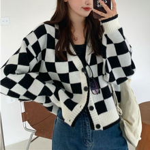 Load image into Gallery viewer, Winter Casual Knitted Cardigan Women Plaid Patchwork Warm Sweater Female Korean Fashion Designer Knitwear Sweater Coat 2021