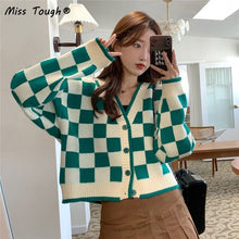 Load image into Gallery viewer, Winter Casual Knitted Cardigan Women Plaid Patchwork Warm Sweater Female Korean Fashion Designer Knitwear Sweater Coat 2021