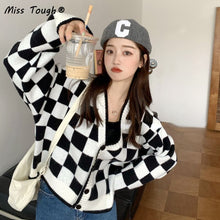 Load image into Gallery viewer, Winter Casual Knitted Cardigan Women Plaid Patchwork Warm Sweater Female Korean Fashion Designer Knitwear Sweater Coat 2021