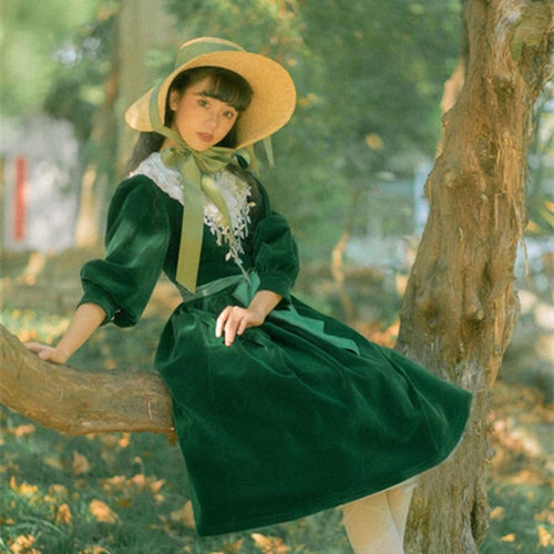 Winter Cottagecore Vintage Green Velvet Dress Woman Prairie Chic Mori Girl Style Casual Midi Dresses Elegant Vestido Festa