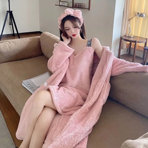 Winter Flannel Pajamas Set For Women Thick Warm Sleepwear Nightgown With Pants Long-Sleeved Cardigan Pyjamas Homewear Clothes