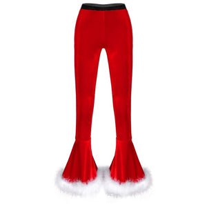 Winter High Waist Flared Pants Casual Faux Fur Adorned Bell Bottoms Trousers Women Vintage Velvet Christmas Pants Sweatpant
