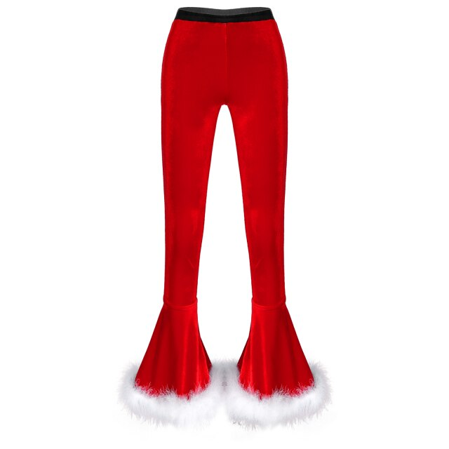 Winter High Waist Flared Pants Casual Faux Fur Adorned Bell Bottoms Trousers Women Vintage Velvet Christmas Pants Sweatpant
