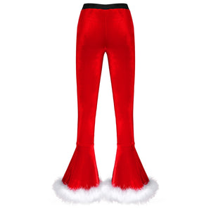 Winter High Waist Flared Pants Casual Faux Fur Adorned Bell Bottoms Trousers Women Vintage Velvet Christmas Pants Sweatpant