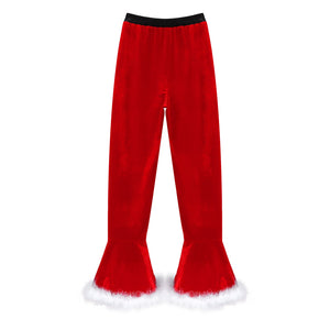 Winter High Waist Flared Pants Casual Faux Fur Adorned Bell Bottoms Trousers Women Vintage Velvet Christmas Pants Sweatpant