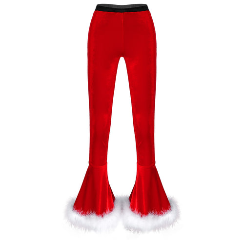 Winter High Waist Flared Pants Casual Faux Fur Adorned Bell Bottoms Trousers Women Vintage Velvet Christmas Pants Sweatpant