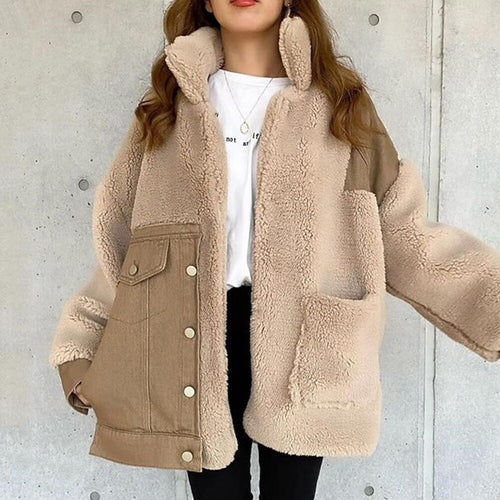 Winter Jacket Warm Coats Women Autumn Fashion Patchwork Buttons Pocket Office Lady Casual Outwear Japan Lazy Female Overcoat New