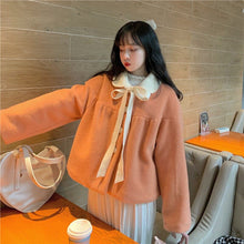 Load image into Gallery viewer, Winter Japanese Sweet Wool Coat Women Bow Patchwork Kawaii Loose Outwear Jacket Female Korean Style Designer Warm Overcoat 2021
