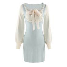 Load image into Gallery viewer, Winter Kawaii Knitted Dress Women Bow Patchwork Sweet Party Mini Dress Female Korean Elegant Slim Knitwear Sweater Dress 2021