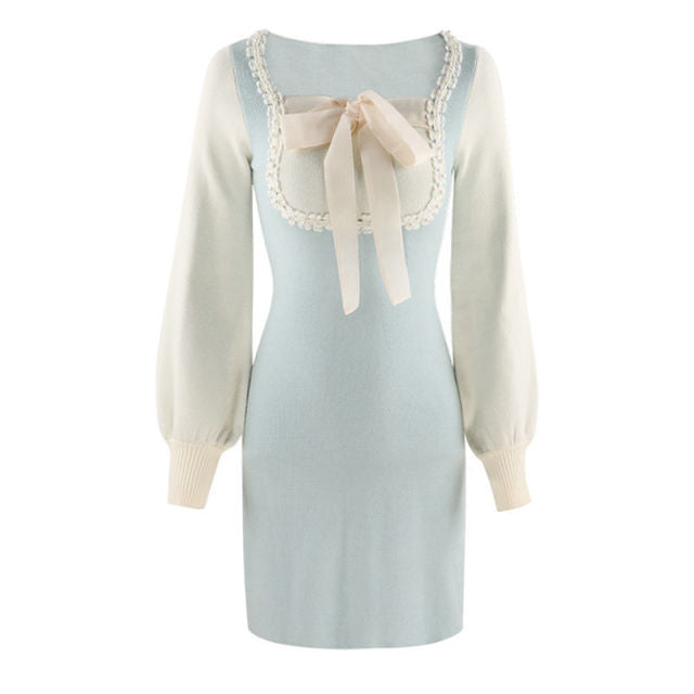 Winter Kawaii Knitted Dress Women Bow Patchwork Sweet Party Mini Dress Female Korean Elegant Slim Knitwear Sweater Dress 2021