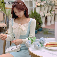 Load image into Gallery viewer, Winter Kawaii Knitted Dress Women Bow Patchwork Sweet Party Mini Dress Female Korean Elegant Slim Knitwear Sweater Dress 2021