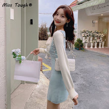 Load image into Gallery viewer, Winter Kawaii Knitted Dress Women Bow Patchwork Sweet Party Mini Dress Female Korean Elegant Slim Knitwear Sweater Dress 2021