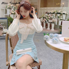 Load image into Gallery viewer, Winter Kawaii Knitted Dress Women Bow Patchwork Sweet Party Mini Dress Female Korean Elegant Slim Knitwear Sweater Dress 2021