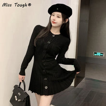 Load image into Gallery viewer, Winter Kawaii Knitted Sweater Dress Women Korean Fashion Sweet Party Mini Dress Female Sexy Solid Pleated Designer Dress 2021