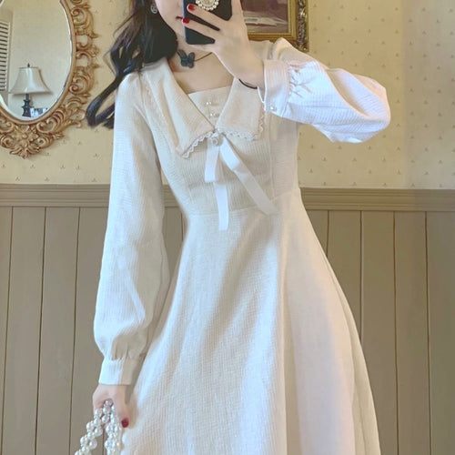 Winter Kawaii Vintage One Piece Dress Women Elegant Lace Party Midi Dress Female Solid Korean Fashion Bow Designer Dress 2021
