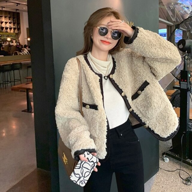 Winter Kawaii Warm Fur Coat Women Korean Fashion Patchwork Mohair Overcoat Female High Street Casual Designer Fleece Jacket 2021