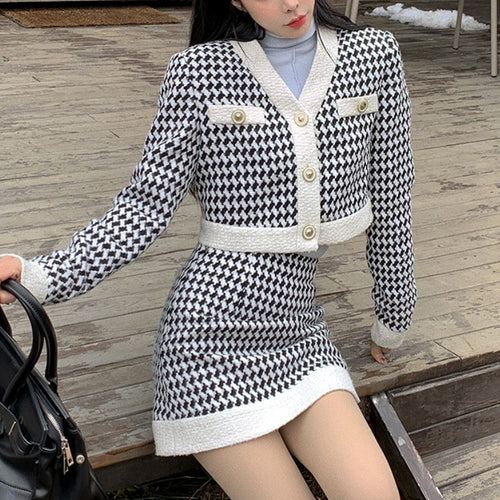 Winter KawaiiTwo Piece Set Women Plaid Patchwork Vintage Party Mini Skirt Suit Female Korean Fashion Designer Skirts Set 2021