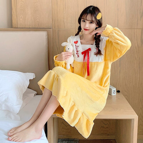 Winter Long Sleeve Thick Warm Flannel Nightgowns for Women Coral Velvet Loose Long Dress Sleepwear Night Dress Nightdress Nighty