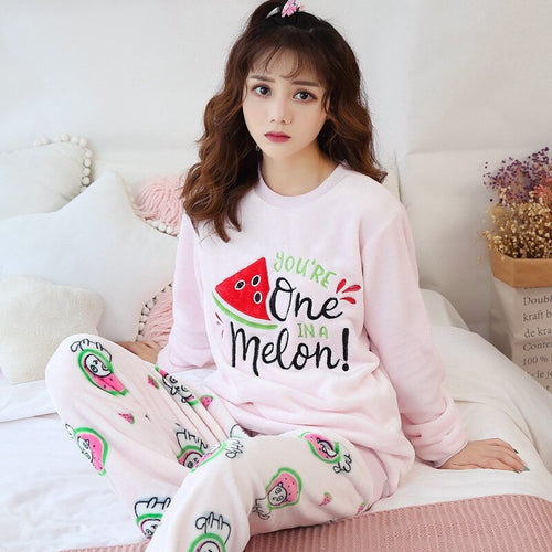 Winter Long Sleeve Thick Warm Flannel Pajama Sets Women Korean Print Coral Velvet Sleepwear Pyjama Pijama Mujer Homewear Clothes
