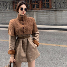 Load image into Gallery viewer, Winter New Female Ins Tide Plus Velvet Thick Plaid Cloak High Neck Knitted Shawl + Woolen Coat Two-Pieces Sets Women