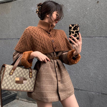 Load image into Gallery viewer, Winter New Female Ins Tide Plus Velvet Thick Plaid Cloak High Neck Knitted Shawl + Woolen Coat Two-Pieces Sets Women