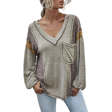 Load image into Gallery viewer, Winter New Women Autumn T-Shirt Fashion Splicing Sexy V Neck Pocket Design Lantern Sleeve Tees Casual Loose Female Tops