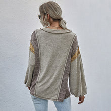Load image into Gallery viewer, Winter New Women Autumn T-Shirt Fashion Splicing Sexy V Neck Pocket Design Lantern Sleeve Tees Casual Loose Female Tops