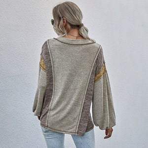 Winter New Women Autumn T-Shirt Fashion Splicing Sexy V Neck Pocket Design Lantern Sleeve Tees Casual Loose Female Tops