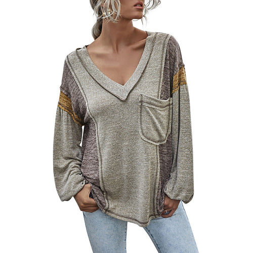 Winter New Women Autumn T-Shirt Fashion Splicing Sexy V Neck Pocket Design Lantern Sleeve Tees Casual Loose Female Tops