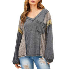Load image into Gallery viewer, Winter New Women Autumn T-Shirt Fashion Splicing Sexy V Neck Pocket Design Lantern Sleeve Tees Casual Loose Female Tops